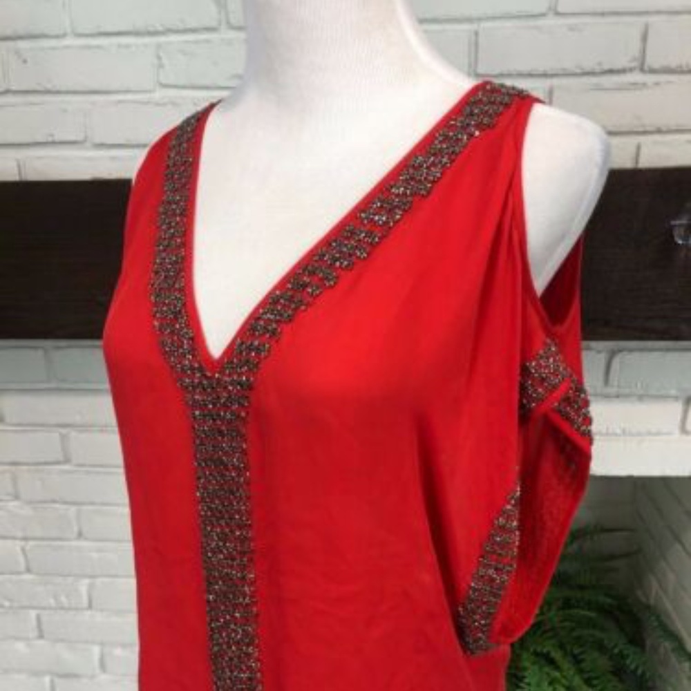PARKER RED 100% SILK COLD SHOULDER TOP BEADED SIZE L